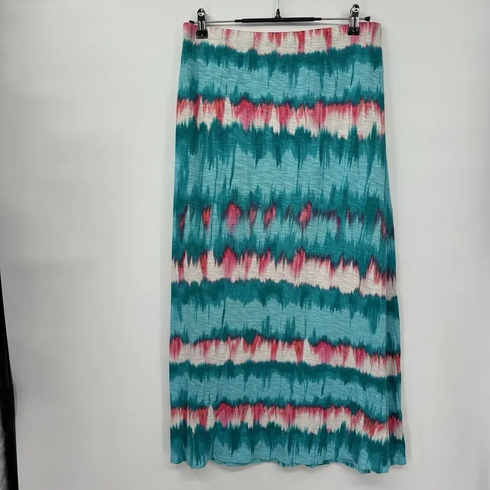 Tommy‎ Bahama Small Maxi Skirt Womens Teal Pink Ikat Stripe Elastic Waist Long